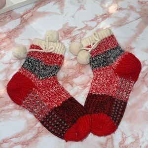 Cozy Red and Gray Knit Socks with Pom Poms